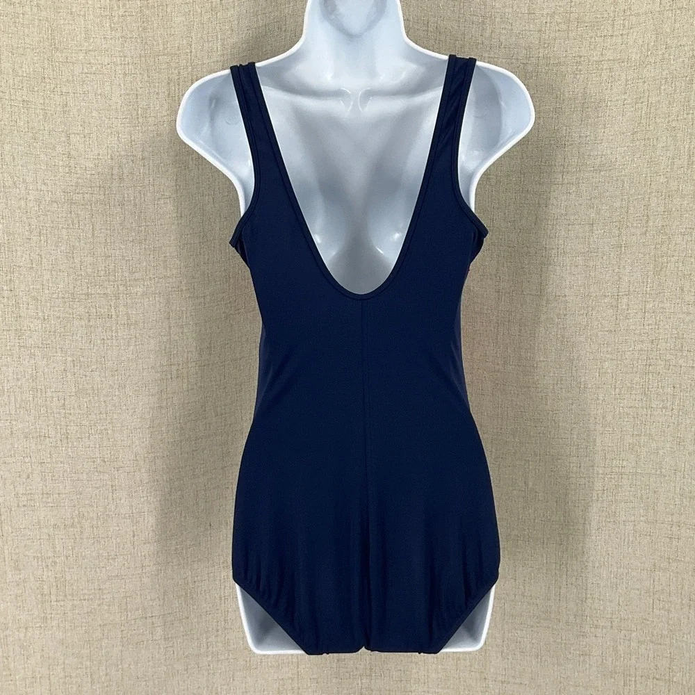 Lands' End Swimsuit Women 8 Navy Blue Tropical Palm Leaf Classic One Piece
